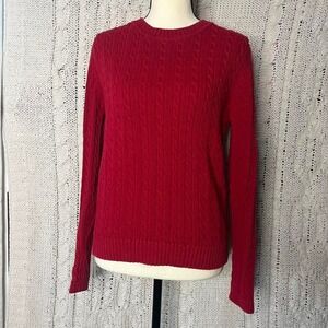 Red cable knit sweater. Great quality and very comfortable! Size small.